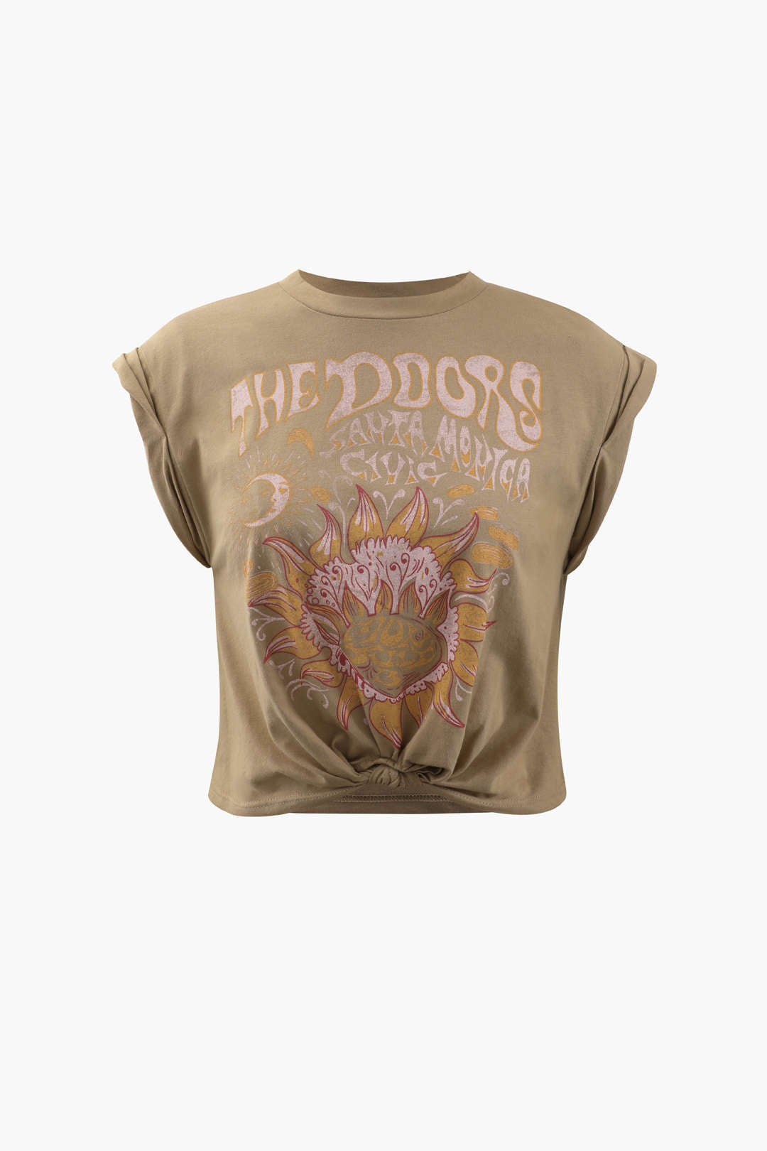Çiçek Desenli Kenar Düğümlü Kısa Kol T-Shirt