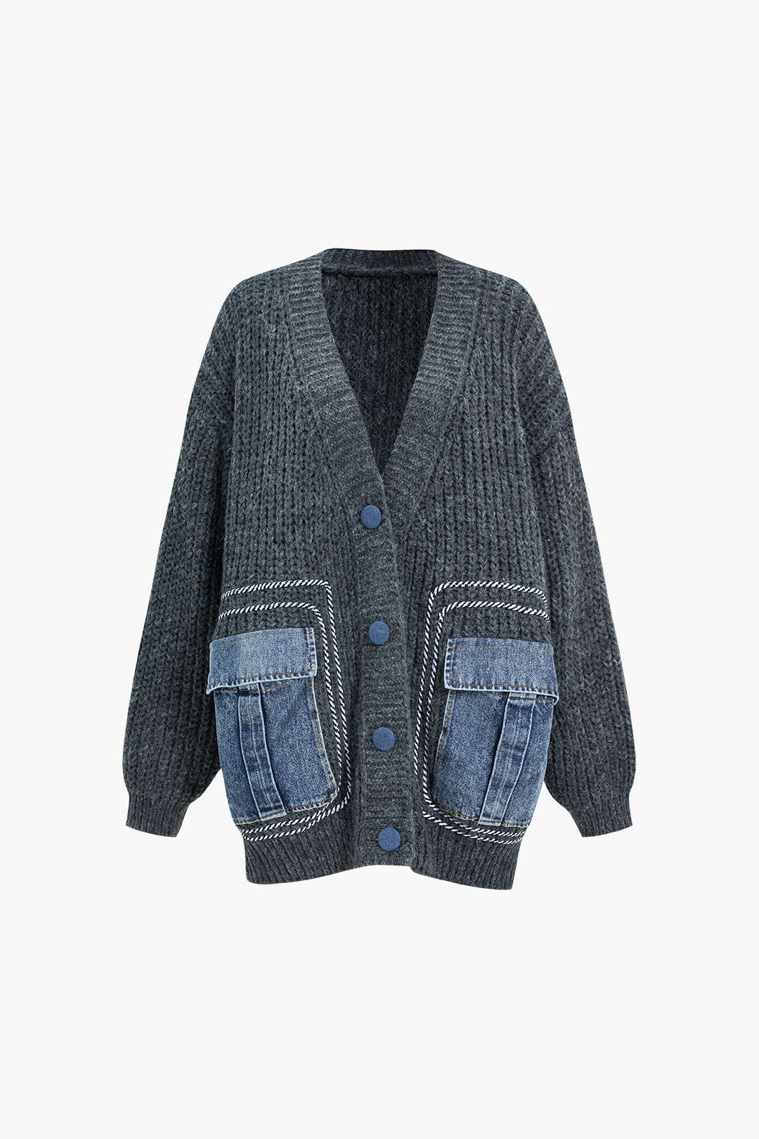 İndigo Patchwork Cepli Düğmeli Yün Karışımlı Şık Hırka
