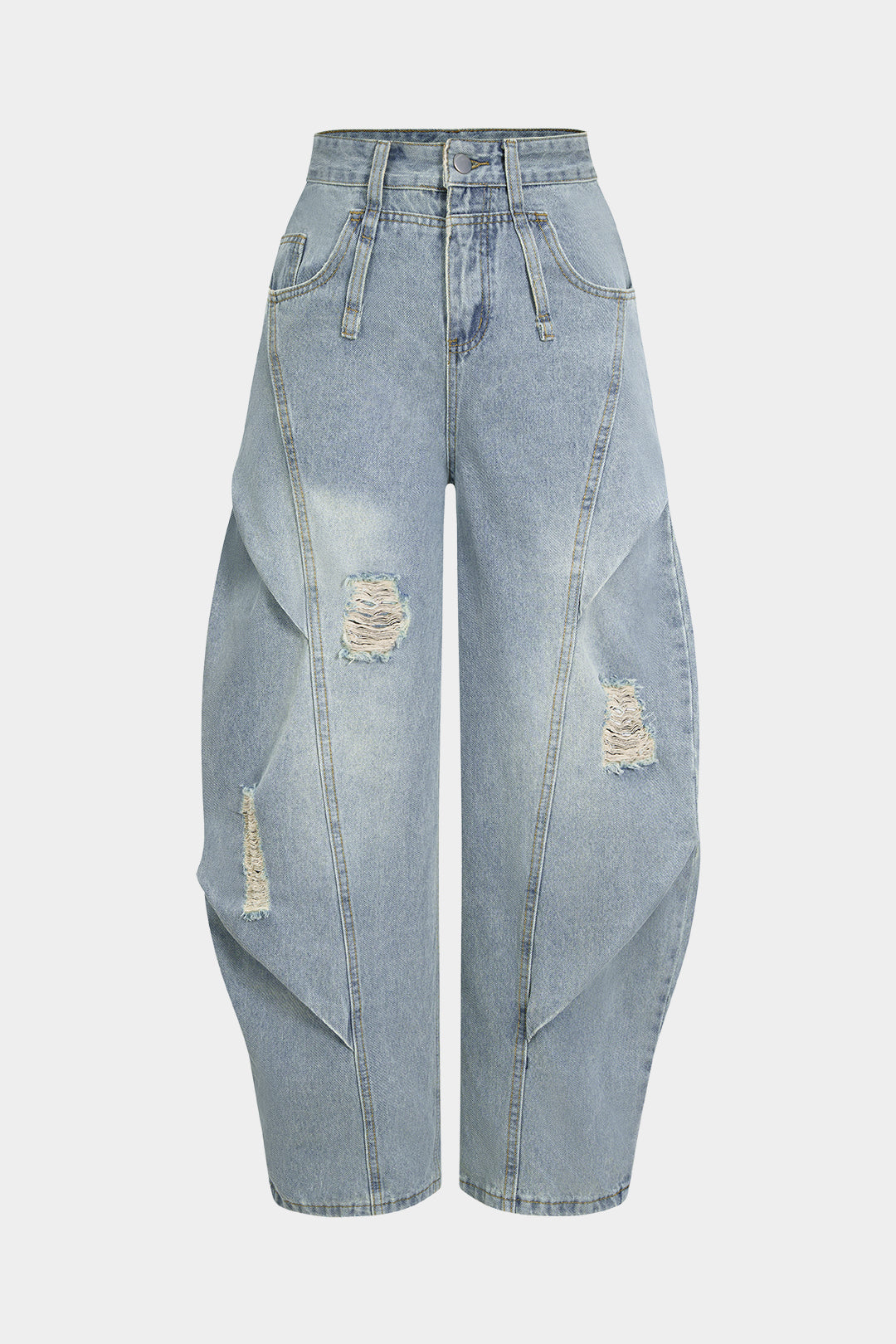 Denim Yırtık Büzgülü Barrel Kesim Özelleştirilmiş Pantolon