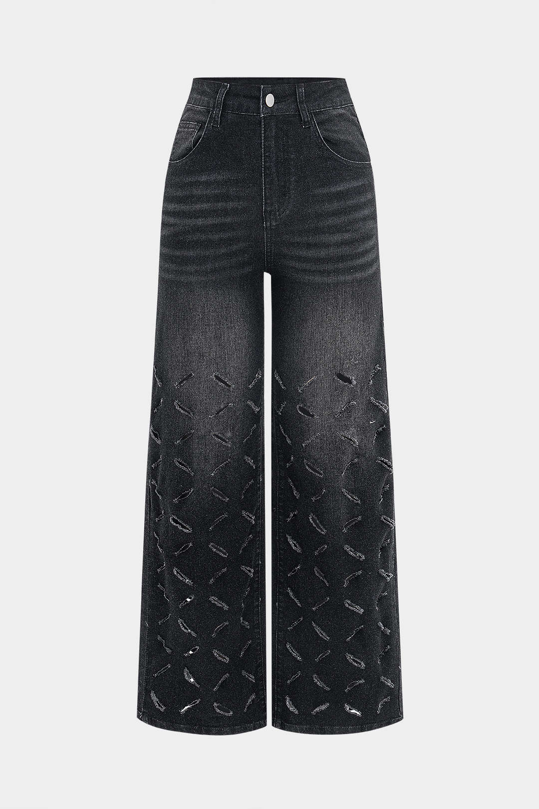 Yırtık Kesik Buton Cepli Geniş Paça Kot Pantolon