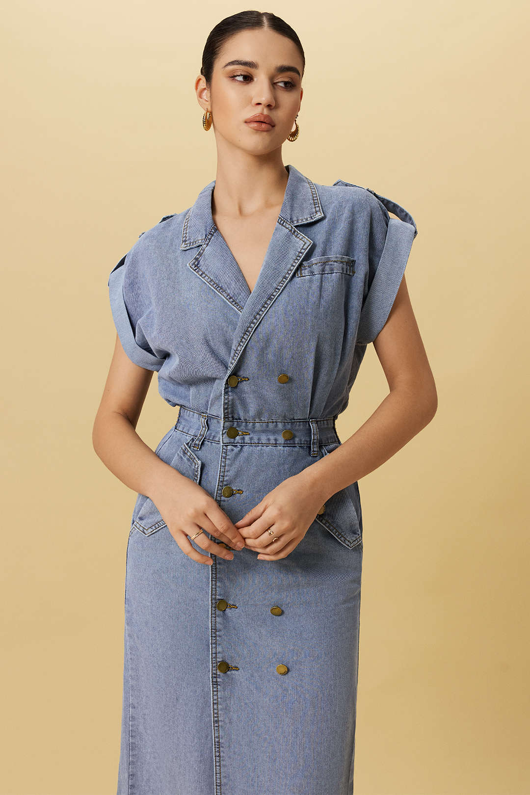 Kot Mavisi DenimDüğmeliBüzgülüKruvazeTasarım Elbise