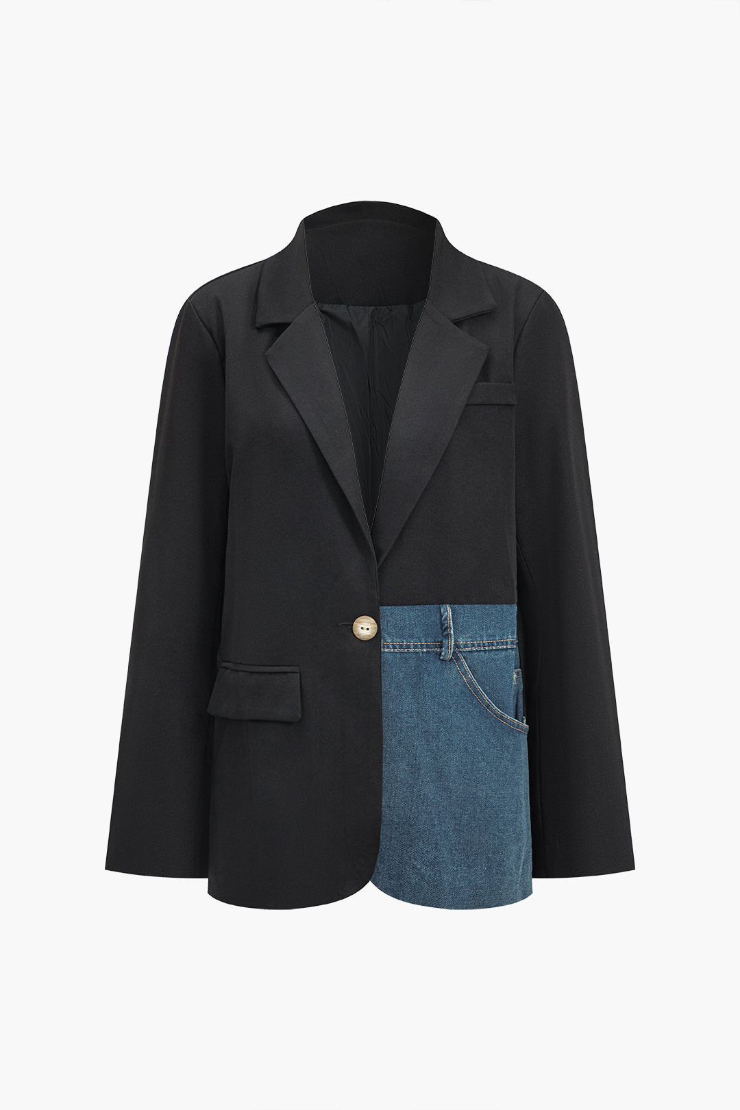 Denim Mavisi Çentikli Yaka Patchwork Detaylı Ceket
