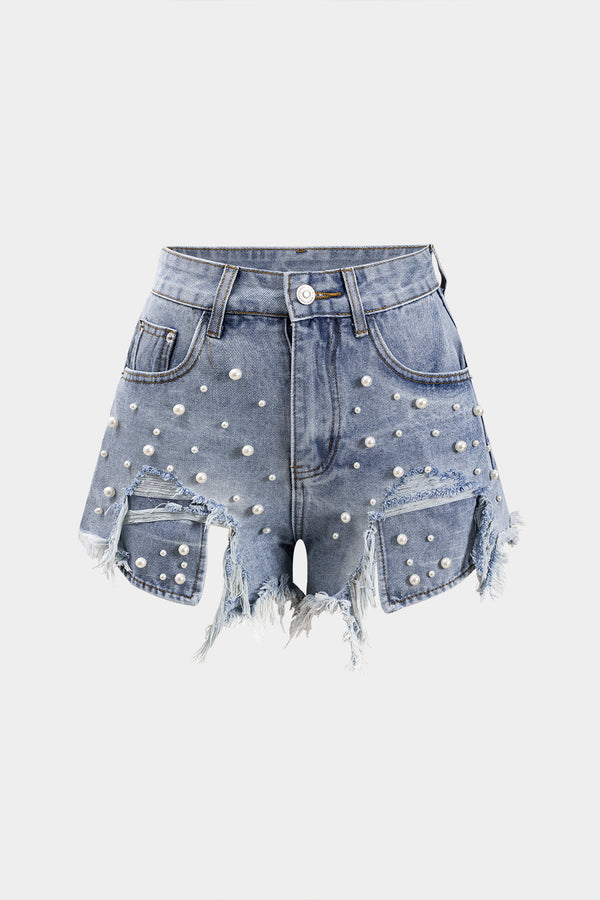 Denim Yüksek Bel Boncuklu Şort