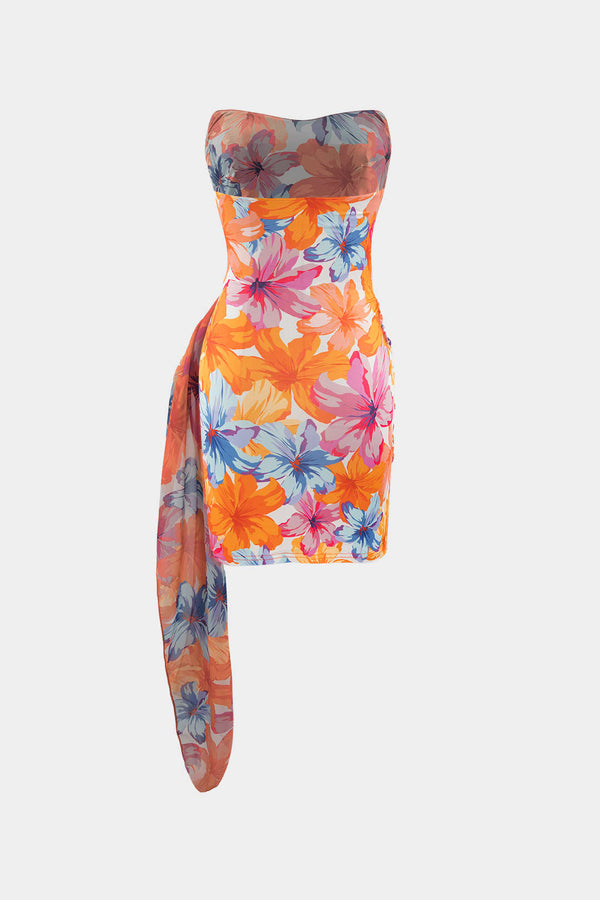 Çiçek Desenli Sarma Ruched Straplez Mini Elbise