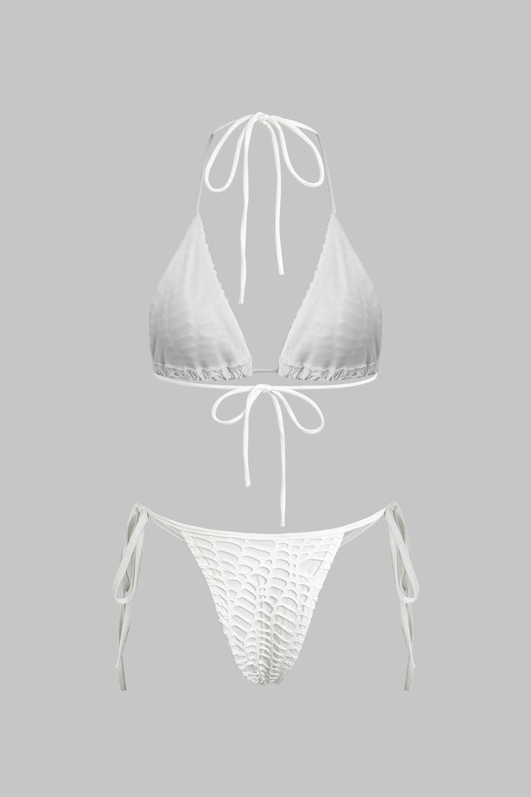 Dokulu Halter Yaka Bikini ve Açık Örgü Plaj Kıyafeti Seti