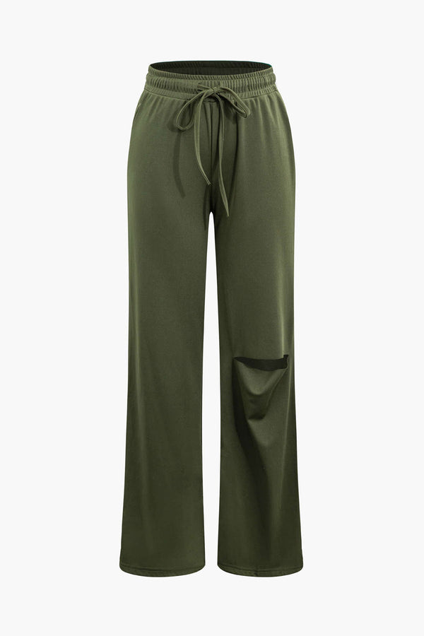 Basic Yuvarlak Yaka Kolsuz Bodysuit Ve Yırtık Bağcıklı Düz Paça Pantolon Seti