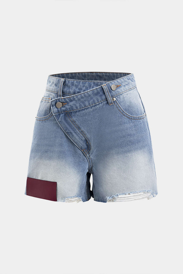 Denim Asimetrik Düğmeli Cep Yırtık Şort