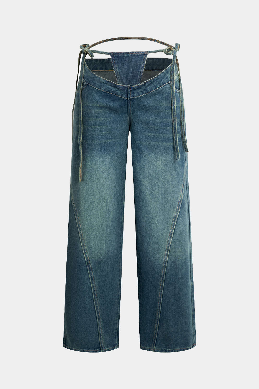 Denim Kesik Yıpranmış Bağlama Jeans